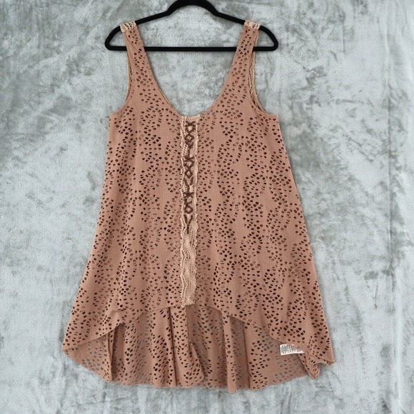 Free People Dresses & Skirts - Free People Mini Dress Womens Med Brown Boho Eyelet Beaded Crochet Tunic Coverup